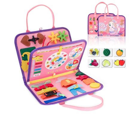 Busy Board, 20-in-1 Toddler Toy, Sensory Toy, Activity Board for Learning Fine Motor Skills, Preschool, Educational Toy, Gift for Boys and Girls, Dinosaur Pink