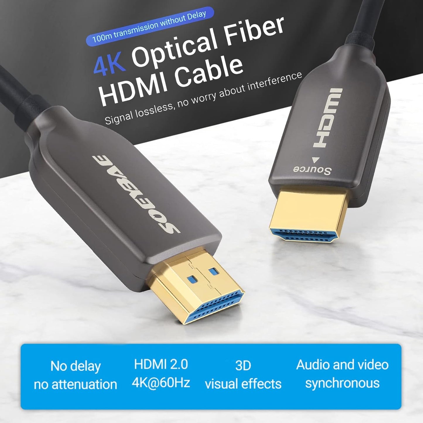 SOEYBAE HDMI Cable 20M, 4K Fibre Optic HDMI Cable 18Gbps High Speed Support 4K@60Hz HDR10, 4:4:4, 3D, ARC,HDCP 2.2, PS3, PS4,PC