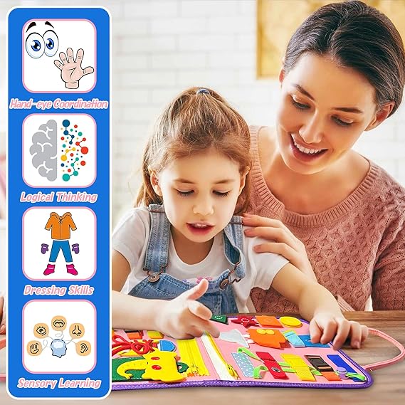 Busy Board, 20-in-1 Toddler Toy, Sensory Toy, Activity Board for Learning Fine Motor Skills, Preschool, Educational Toy, Gift for Boys and Girls, Dinosaur Pink