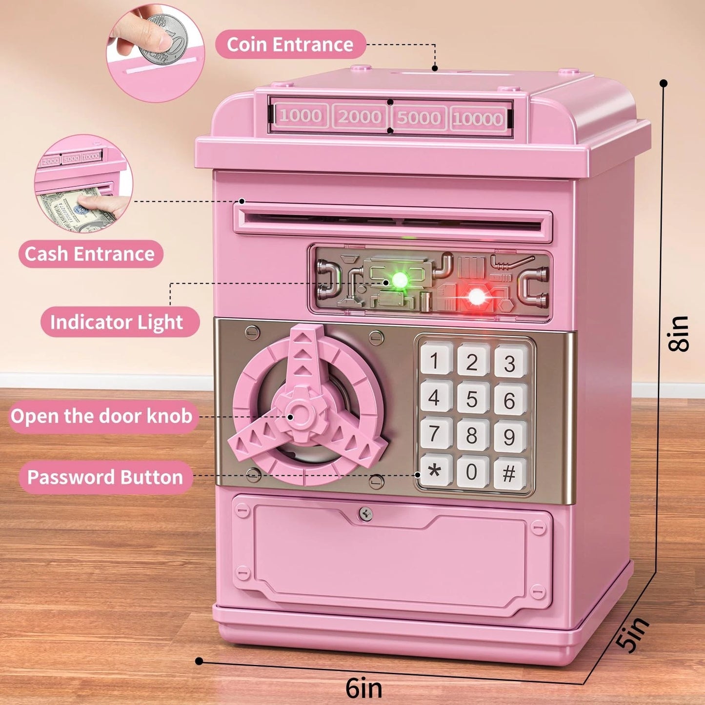 Pink TEMI Electronic Piggy Bank for Kids - Mini ATM Money Safe & Password Box
