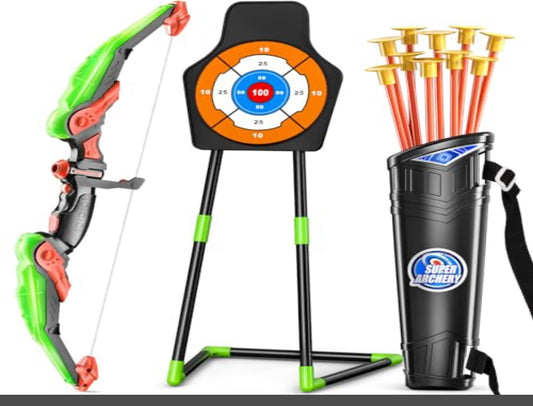 TEMI Bow and Arrow Set for Kids with LED Lights-Archery Set with 10 Suction Cup Arrows, Quivers & Standing Target, Outdoor Toys for Kids Boys & Girls Ages 3-12 Years Old